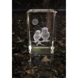 Vintage Crystal Laser Etched Hologram Owls Moon Paperweight